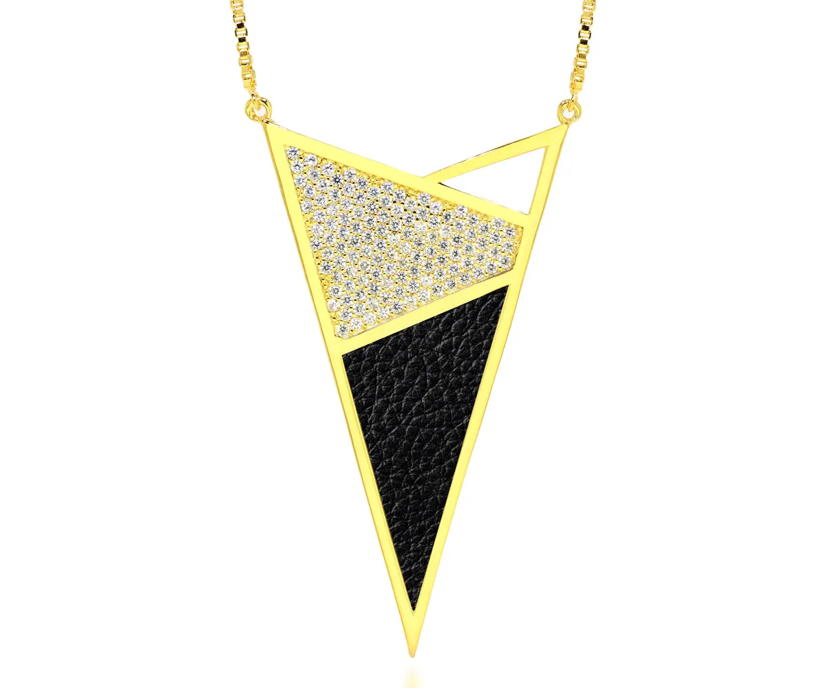 XLarge Triangle Leather Inlay Crystal Gold Necklace