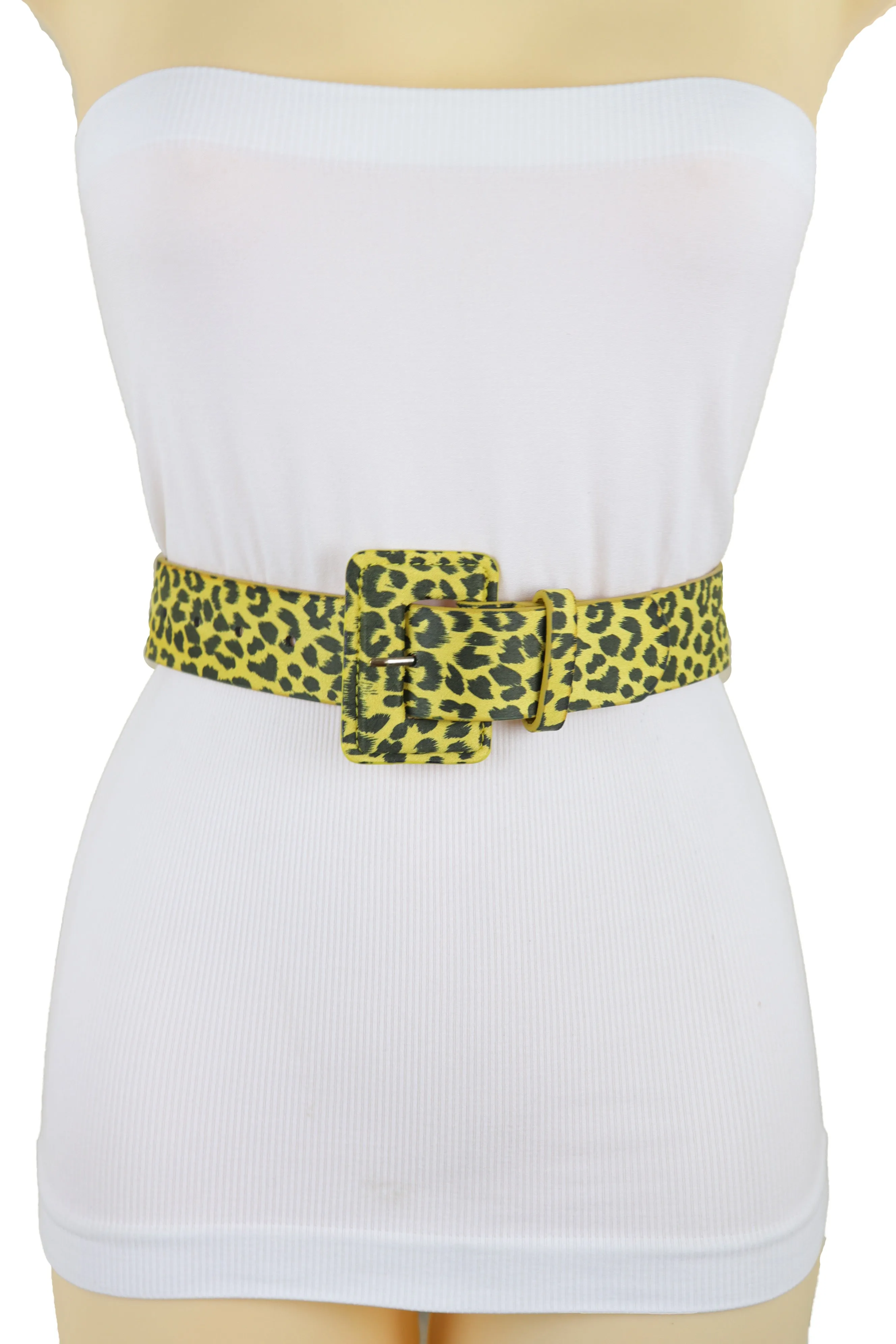 Yellow Leopard Animal Print Belt Square Buckle