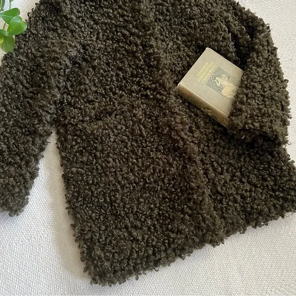 Zara Olive Green Faux Curly Lamb Plush Hooded Teddy Coat XS
