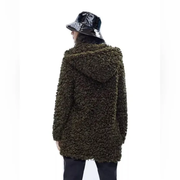 Zara Olive Green Faux Curly Lamb Plush Hooded Teddy Coat XS