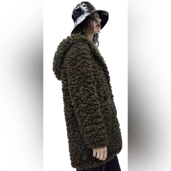 Zara Olive Green Faux Curly Lamb Plush Hooded Teddy Coat XS