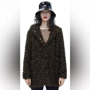 Zara Olive Green Faux Curly Lamb Plush Hooded Teddy Coat XS
