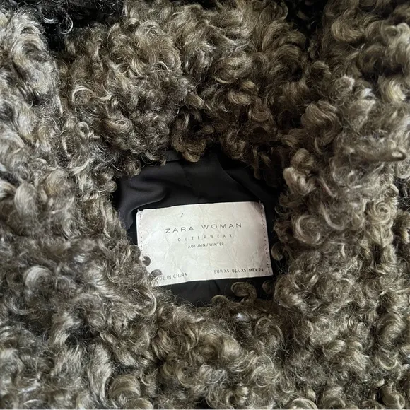 Zara Olive Green Faux Curly Lamb Plush Hooded Teddy Coat XS